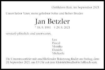 Traueranzeige von Jan Betzler von Stuttgarter Zeitung / Stuttgarter Nachrichten