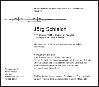 Traueranzeige von Jörg Schlaich von Stuttgarter Zeitung / Stuttgarter Nachrichten