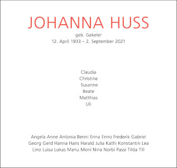 Traueranzeige von Johanna Huss von Stuttgarter Zeitung / Stuttgarter Nachrichten