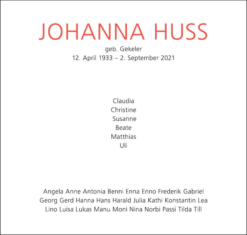  Traueranzeige für Johanna Huss vom 18.09.2021 aus Stuttgarter Zeitung / Stuttgarter Nachrichten