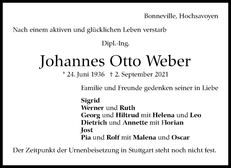  Traueranzeige für Johannes Otto Weber vom 11.09.2021 aus Stuttgarter Zeitung / Stuttgarter Nachrichten