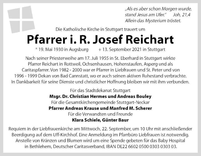  Traueranzeige für Josef Reichart vom 17.09.2021 aus Stuttgarter Zeitung / Stuttgarter Nachrichten