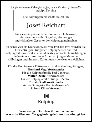 Traueranzeige von Josef Reichart von Stuttgarter Zeitung / Stuttgarter Nachrichten