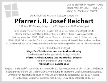 Traueranzeige von Josef Reichart von Stuttgarter Zeitung / Stuttgarter Nachrichten