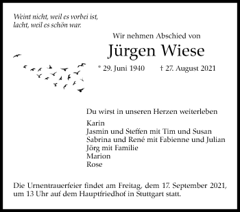 Traueranzeige von Jürgen Wiese von Stuttgarter Zeitung / Stuttgarter Nachrichten