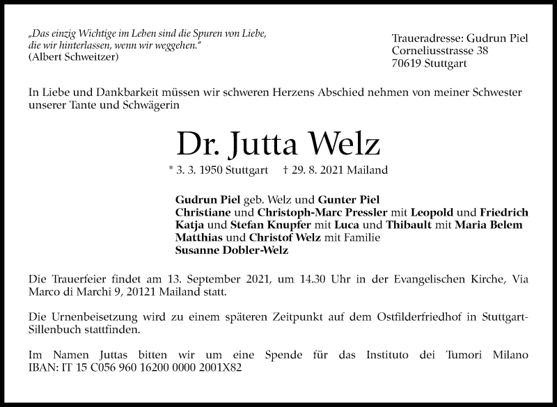  Traueranzeige für Jutta Welz vom 11.09.2021 aus Stuttgarter Zeitung / Stuttgarter Nachrichten