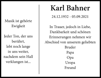 Traueranzeige von Karl Bahner von Stuttgarter Zeitung / Stuttgarter Nachrichten