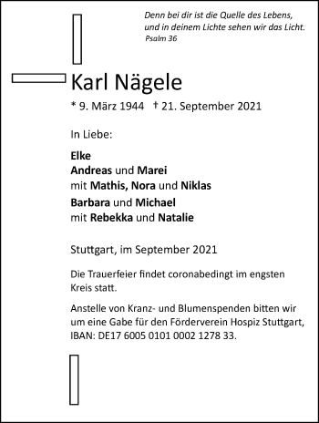 Traueranzeige von Karl Nägele von Stuttgarter Zeitung / Stuttgarter Nachrichten
