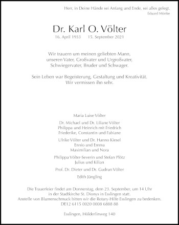 Traueranzeige von Karl O. Völter von Stuttgarter Zeitung / Stuttgarter Nachrichten
