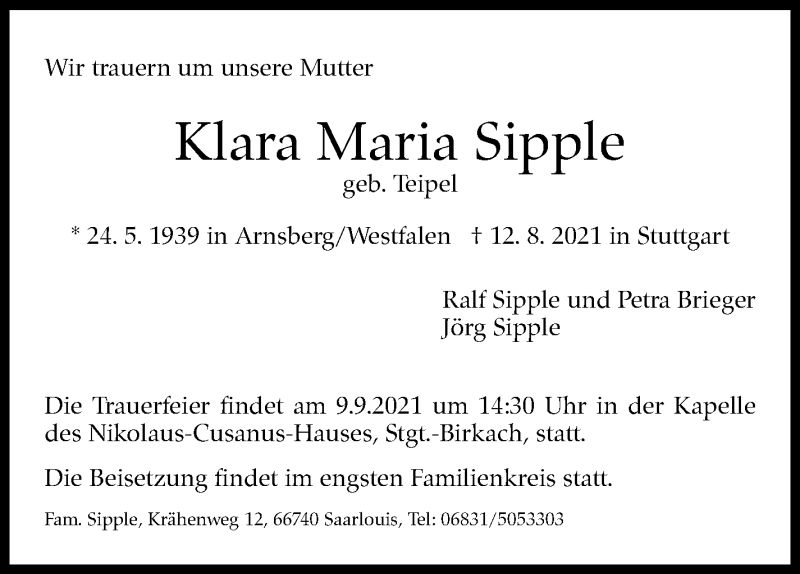  Traueranzeige für Klara Maria Sipple vom 04.09.2021 aus Stuttgarter Zeitung / Stuttgarter Nachrichten