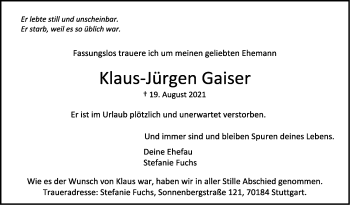 Traueranzeige von Klaus-Jürgen Gaiser von Stuttgarter Zeitung / Stuttgarter Nachrichten