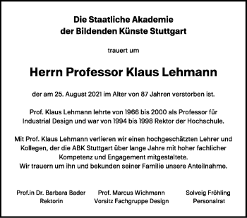 Traueranzeige von Klaus Lehmann von Stuttgarter Zeitung / Stuttgarter Nachrichten