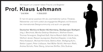 Traueranzeige von Klaus Lehmann von Stuttgarter Zeitung / Stuttgarter Nachrichten