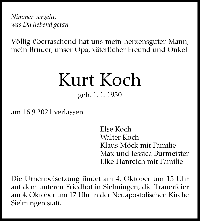 Traueranzeige für Kurt Koch vom 01.10.2021 aus Stuttgarter Zeitung / Stuttgarter Nachrichten