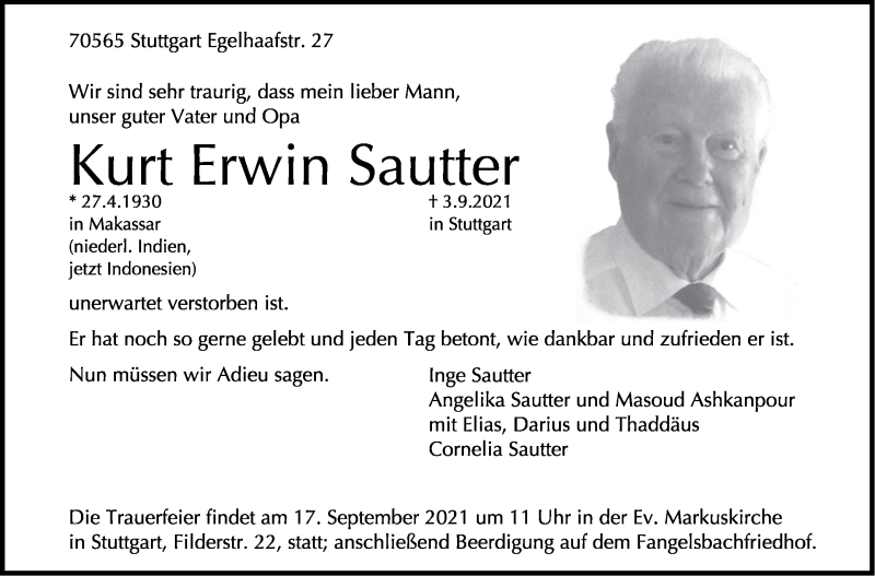  Traueranzeige für Kurt Erwin Sautter vom 09.09.2021 aus Stuttgarter Zeitung / Stuttgarter Nachrichten