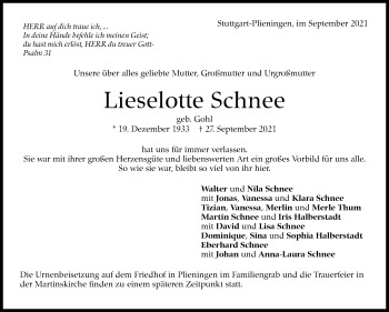 Traueranzeige von Lieselotte Schnee von Stuttgarter Zeitung / Stuttgarter Nachrichten