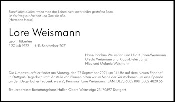 Traueranzeige von Lore Weismann von Stuttgarter Zeitung / Stuttgarter Nachrichten