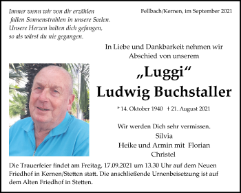 Traueranzeige von Ludwig Buchstaller von Stuttgarter Zeitung / Stuttgarter Nachrichten