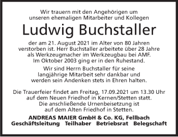Traueranzeige von Ludwig Buchstaller von Stuttgarter Zeitung / Stuttgarter Nachrichten