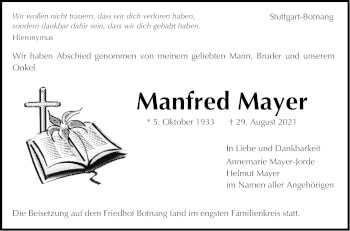 Traueranzeige von Manfred Mayer von Stuttgarter Zeitung / Stuttgarter Nachrichten