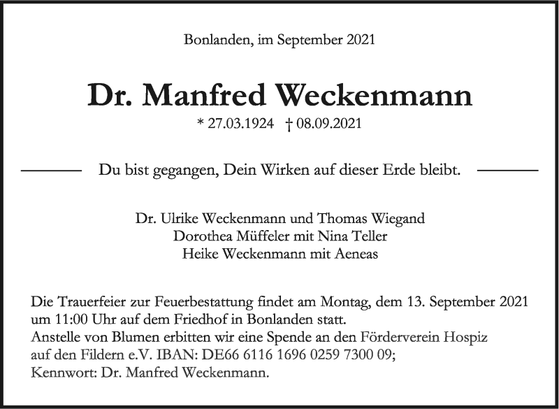  Traueranzeige für Manfred Weckenmann vom 11.09.2021 aus Stuttgarter Zeitung / Stuttgarter Nachrichten