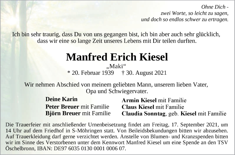  Traueranzeige für Manfred Erich Kiesel vom 11.09.2021 aus Stuttgarter Zeitung / Stuttgarter Nachrichten