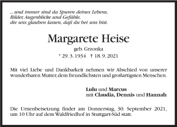 Traueranzeige von Margarete Heise von Stuttgarter Zeitung / Stuttgarter Nachrichten
