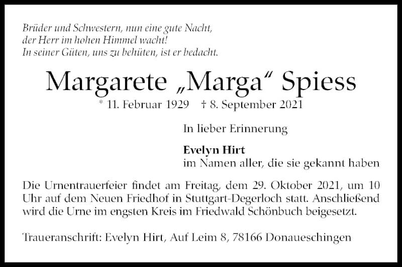  Traueranzeige für Margarete Spiess vom 18.09.2021 aus Stuttgarter Zeitung / Stuttgarter Nachrichten