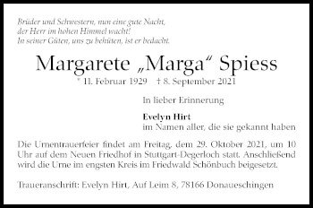 Traueranzeige von Margarete Spiess von Stuttgarter Zeitung / Stuttgarter Nachrichten