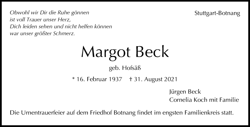  Traueranzeige für Margot Beck vom 04.09.2021 aus Stuttgarter Zeitung / Stuttgarter Nachrichten