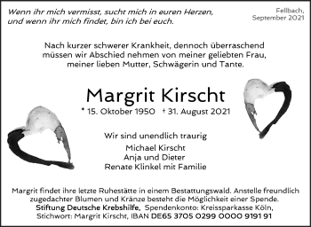 Traueranzeige von Margrit Kirscht von Stuttgarter Zeitung / Stuttgarter Nachrichten