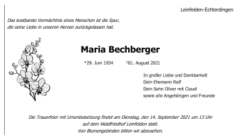 Traueranzeige von Maria Bechberger von Stuttgarter Zeitung / Stuttgarter Nachrichten