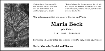 Traueranzeige von Maria Beck von Stuttgarter Zeitung / Stuttgarter Nachrichten