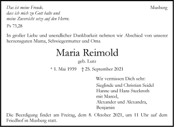 Traueranzeige von Maria Reimold von Stuttgarter Zeitung / Stuttgarter Nachrichten