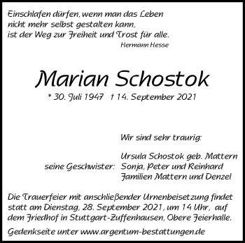 Traueranzeige von Marian Schostok von Stuttgarter Zeitung / Stuttgarter Nachrichten