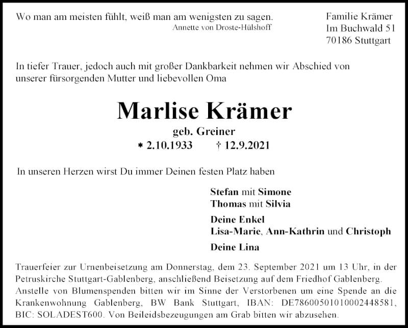  Traueranzeige für Marlise Krämer vom 18.09.2021 aus Stuttgarter Zeitung / Stuttgarter Nachrichten