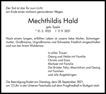 Traueranzeige von Mechthildis Hald von Stuttgarter Zeitung / Stuttgarter Nachrichten