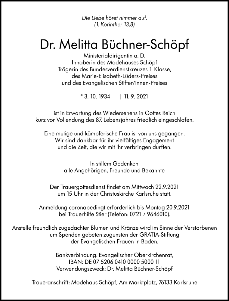  Traueranzeige für Melitta Büchner-Schöpf vom 15.09.2021 aus Stuttgarter Zeitung / Stuttgarter Nachrichten