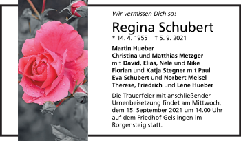 Traueranzeige von Regina Schubert von Stuttgarter Zeitung / Stuttgarter Nachrichten