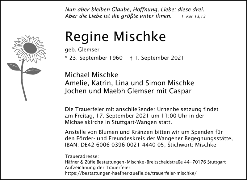  Traueranzeige für Regine Mischke vom 07.09.2021 aus Stuttgarter Zeitung / Stuttgarter Nachrichten