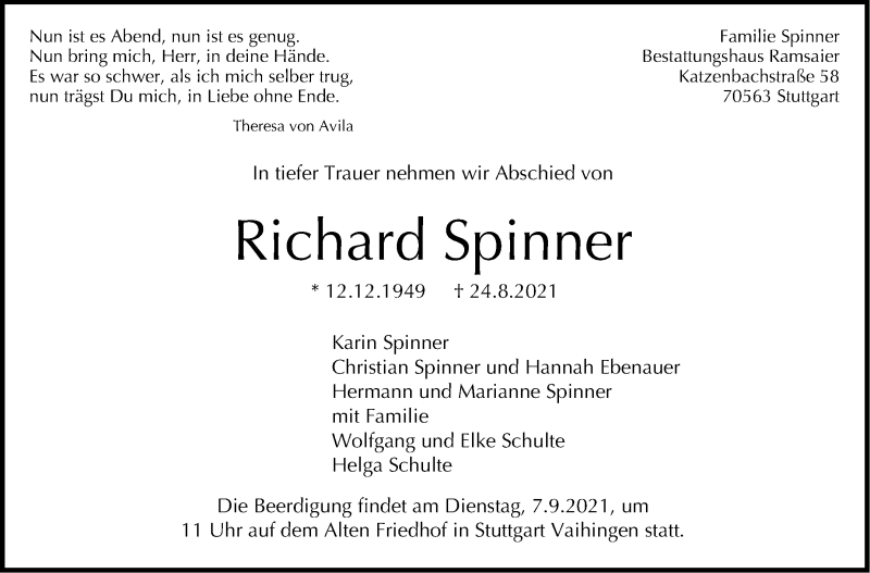  Traueranzeige für Richard Spinner vom 04.09.2021 aus Stuttgarter Zeitung / Stuttgarter Nachrichten