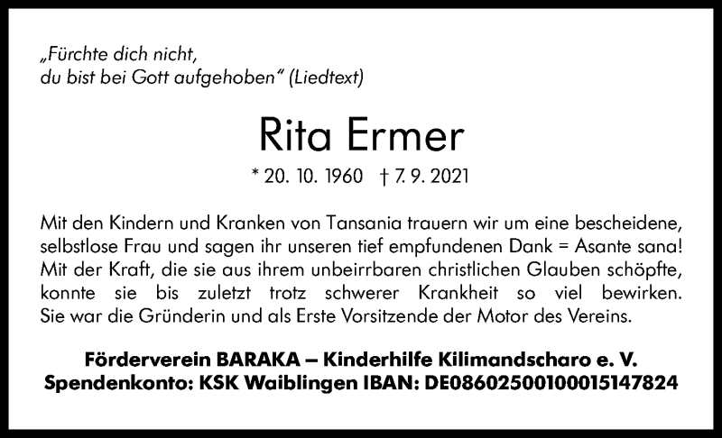  Traueranzeige für Rita Ermer vom 14.09.2021 aus Stuttgarter Zeitung / Stuttgarter Nachrichten