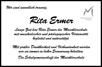 Traueranzeige von Rita Ermer von Stuttgarter Zeitung / Stuttgarter Nachrichten