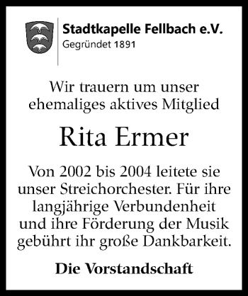 Traueranzeige von Rita Ermer von Stuttgarter Zeitung / Stuttgarter Nachrichten