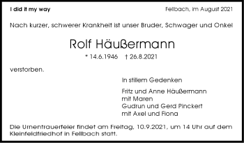 Traueranzeige von Rolf Häußermann von Stuttgarter Zeitung / Stuttgarter Nachrichten