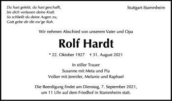 Traueranzeige von Rolf Hardt von Stuttgarter Zeitung / Stuttgarter Nachrichten