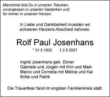 Traueranzeige von Rolf Paul Josenhans von Stuttgarter Zeitung / Stuttgarter Nachrichten