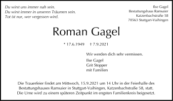 Traueranzeige von Roman Gagel von Stuttgarter Zeitung / Stuttgarter Nachrichten