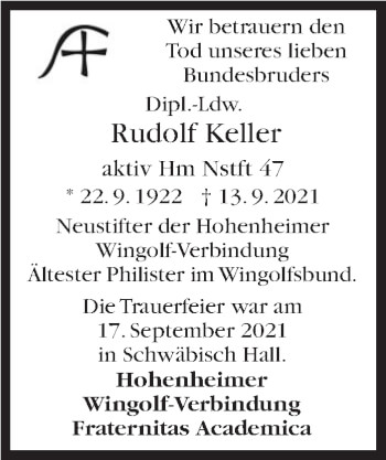 Traueranzeige von Rudolf Keller von Stuttgarter Zeitung / Stuttgarter Nachrichten