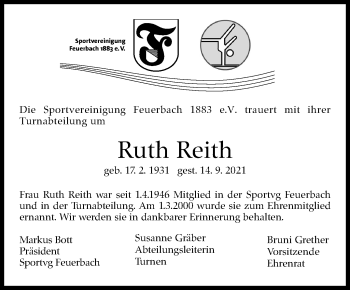 Traueranzeige von Ruth Reith von Stuttgarter Zeitung / Stuttgarter Nachrichten